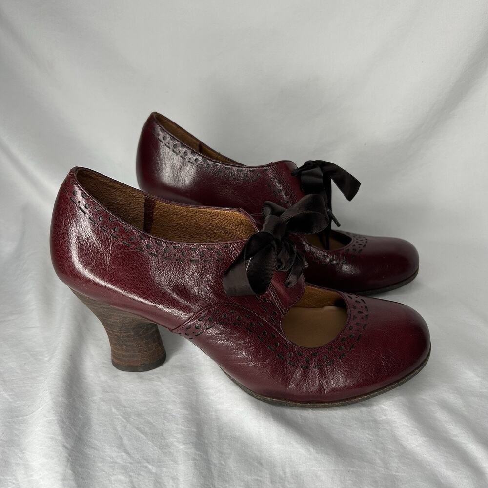 Naya Jada Mary Jane Pumps Burgundy Leather Satin Laces Wooden Heel Shoes Sz 8.5